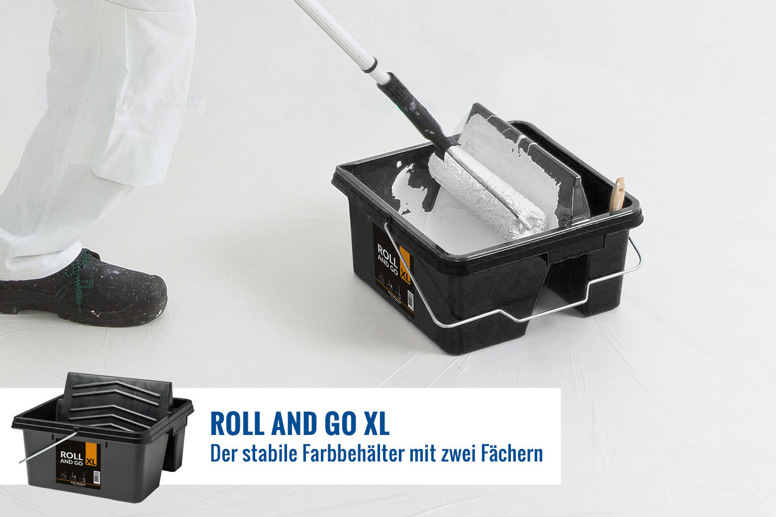 Der Roll and Go XL ist so stabil, dass er auch dann nicht kippt, wenn man den Farbroller auf einer Stange kräftig auf der Rollfläche abrollt