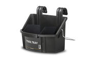 Rigid container for hanging tools on the railing of a scaffolding